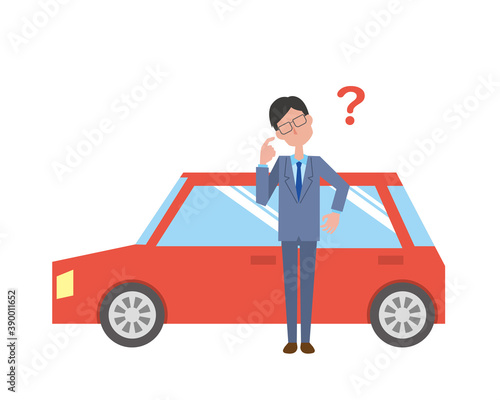 赤い車の前で疑問に思う男性