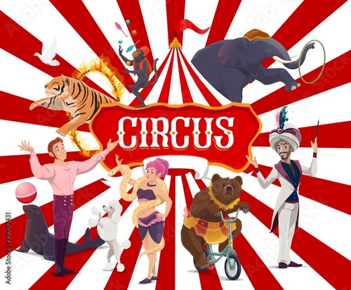 Circus poster, funfair carnival show performers, vector big top tent and magic festival. Circus animals, elephant and juggling monkey, illusionist magician and bear on bicycle, strongman and acrobats