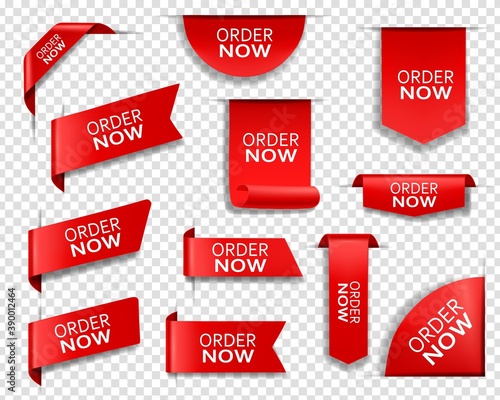 Order now red banners, bookmarks, web design elements. Realistic vector ribbons, corners, isolated 3d icons or labels. Discount silk scarlet promotional event shopping flags, tags and business badges