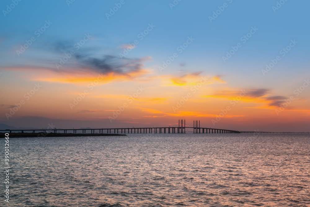 China's famous cable-stayed bridge, Jiaozhou Bay Sea-Crossing Bridge in Qingdao, Shandong Province and the sea scenery