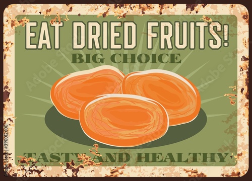 Dried apricots rusty metal plate, fruits farm market food poster, vector vintage. Natural organic dried apricot fruits, agriculture vegetable fruits food market poster, metal plate with rust