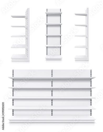 Supermarket racks, vector white shop product shelves. Empty store showcase display, metal retail bookcase racks. Shopping merchandise market shelving front and side view, realistic 3d isolated mockup
