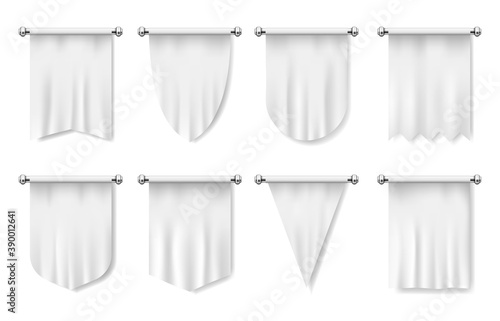 Flags, white textile banners, blank vector mockup. Realistic template of waving fabric vertical flags, cloth or canvas for advertising. Hanging promo triangle, square, oval folded promo ribbons set