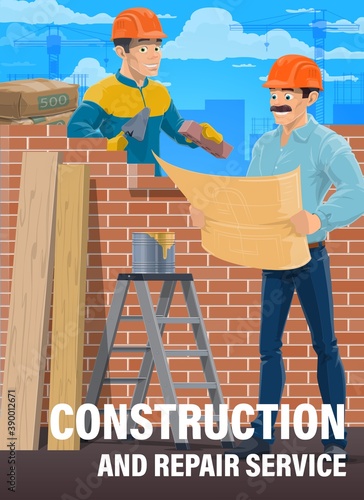 House construction professional workers. Mason or bricklayer in uniform and safety helmet laying brick wall with trowel, house architect, construction engineer or contractor reading blueprint vector
