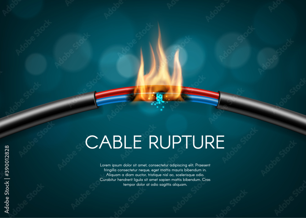 Cable rupture break, electric power wire sparks burn, vector