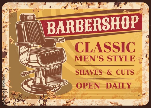 Barber shop metal rusty plate, barbershop vector retro poster or sign. Gentleman and hipster barber shop haircut, mustache and beard shaving salon signage or plate with rust