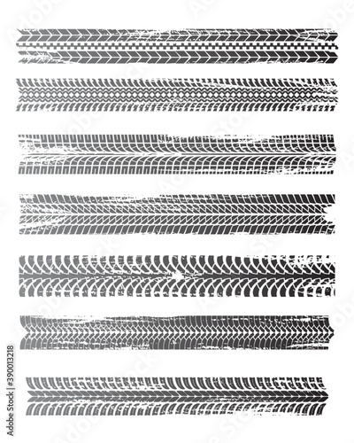 Tire prints, black car tyres track, isolated grunge vector marks. Bike race, vehicle, transportation dirty wheels trace. Rubber tires prints, automobile or bicycle drag. Monochrome graphic pattern set