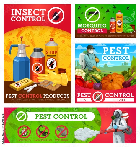 Insect control vector posters. Extermination, pest control workers spraying insecticide with pressure sprayer and cold fogger against home garden insects. Pest service men in protective suit, aerosols