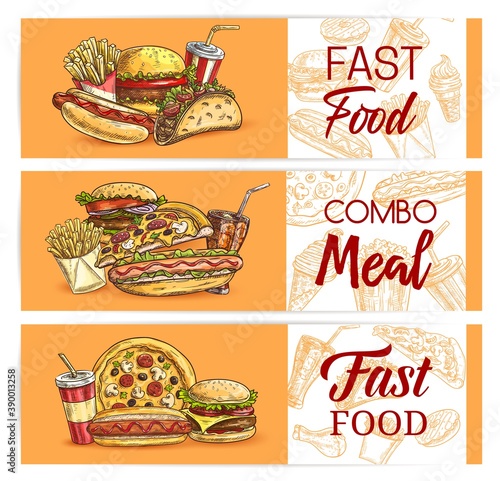 Fast food drinks and meals vector banners. Takeaway fastfood sketch pizza, hot dog and mexican tacos, cheeseburger, french fries with iced soda. Engraved snacks, bakery and beverages in plastic cups
