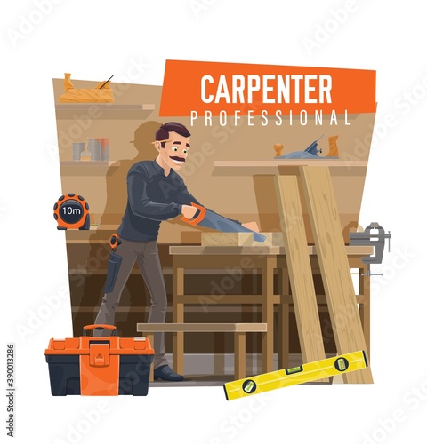 Carpenter cutting wooden board on workbench. Professional carpenter using hand saw, joiner crafting furniture in workshop, measure tape and toolbox, bubble level, carpentry vice and jack plane vector