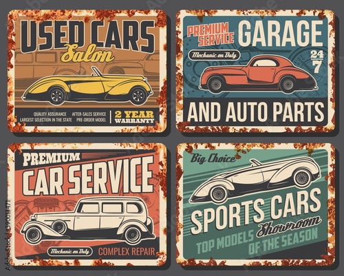 Rare cars and vehicles rusty metal plates. Vintage coupe cabriolet, retro roadster and antique limousine. Used and sport car dealer showroom, old vehicles repair and restoration service vector banner
