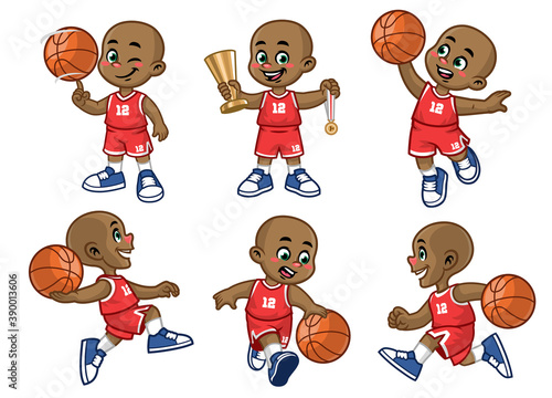 set of cartoon african little boy basketball player