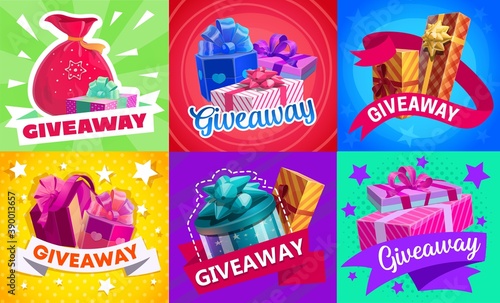 Giveaway gift boxes, vector promotion contest and competition free prizes. Holidays and shopping giveaway presents wrapped with ribbons, gifts promo for wedding, Valentine day and Christmas posters
