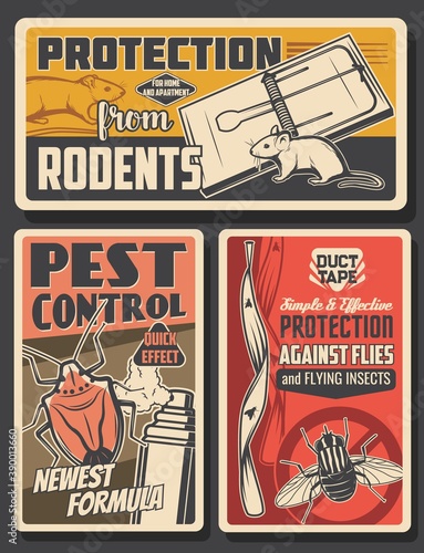 Pest control insects and rodents extermination service, house disinsection. Vector flies, rats, mice and bugs fumigation. Domestic disinfestation, insects and pest control vintage retro posters set