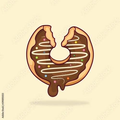 Vector graphics illustration of a donnut with sweet melted chocolate jam and bite mark photo