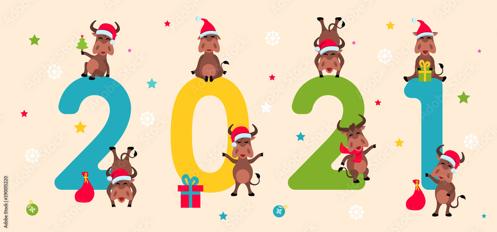 Fototapeta premium Happy New Year 2021, Collection Characters of Cheerful Oxen, Bulls