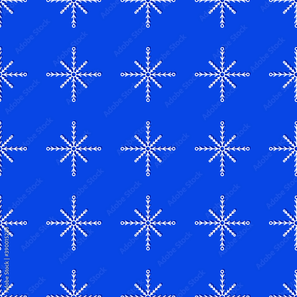 Seamless pattern of beautiful winter snowflake white on blue background. Christmas and New Year ornament, creative geometrical decoration elements. Vector illustration for cards,banners,textile design Seamless pattern of beautiful winter snowflake white on blue background. Christmas and New Year ornament, creative geometrical decoration elements. Vector illustration for cards,banners,textile design