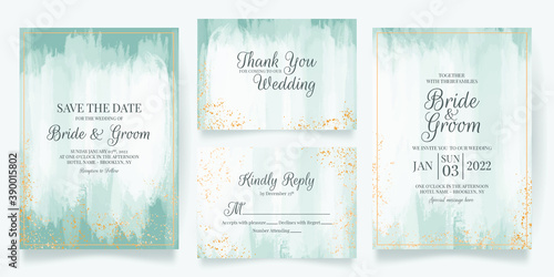 wedding invitation card template set with abstract watercolor background and tropical leaves