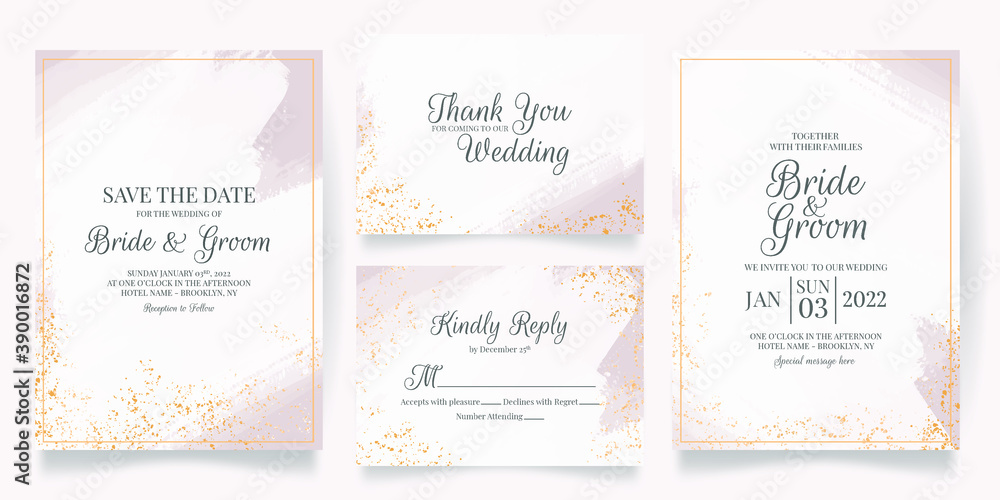 wedding invitation card template set with abstract watercolor background and tropical leaves
