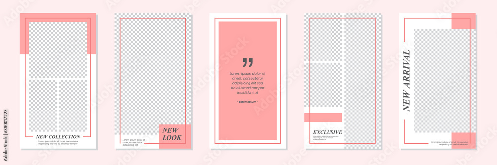 Set of rectangle editable minimal layout social media stories template red pink color for personal or business. Use this layout for web, banner, poster, shop, discount, sale, promotional product.