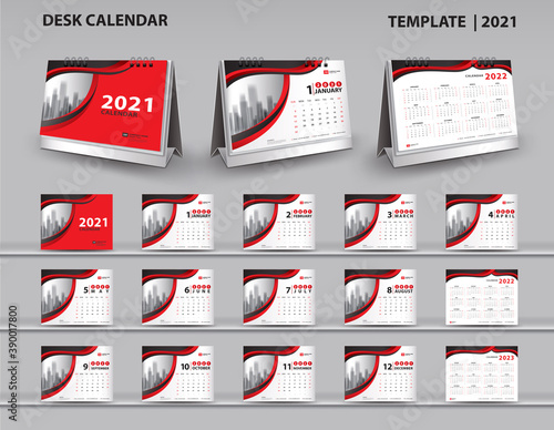 Calendar 2021, 2022, 2023 year template vector and  3d mockup desk calendar, Set Desk Calendar 2021 vector creative design, Red cover design, Set of 12 Months, Week starts Sunday, Stationery.