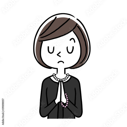 ベクターイラスト素材：喪服を着た女性、手を合わせて拝む
