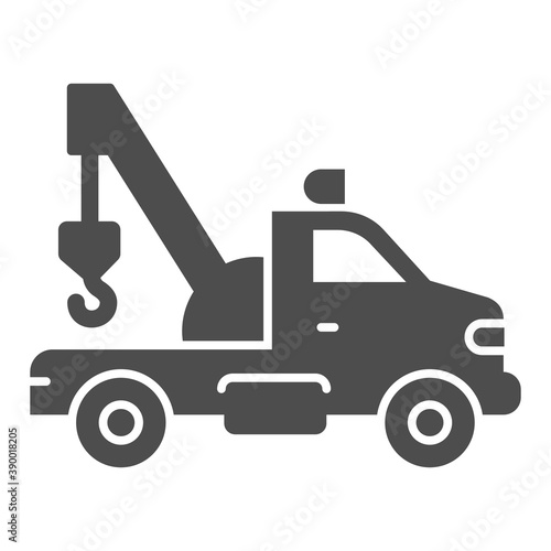 Tow truck with crane solid icon, heavy equipment concept, tow car sign on white background, Car towing truck icon in glyph style for mobile concept and web design. Vector graphics.