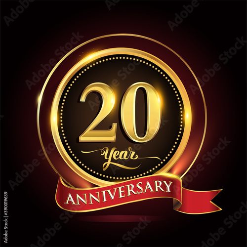 20th years celebration anniversary logo with golden ring and red ribbon.