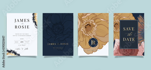 Luxury Social Media Wedding invite frame templates. Vector background. Mockup for social media banner. mobile Floral golden collage layout design.