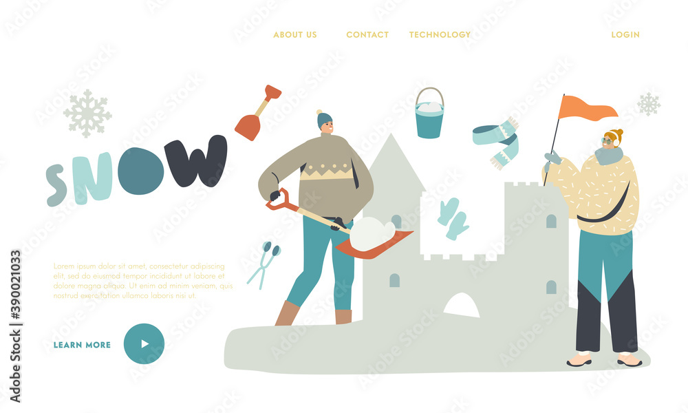 Characters Making Castle Snow Sculpture Landing Page Template. Couple Working with Shovel and Bucket for Building Palace Characters Making Castle Snow Sculpture Landing Page Template. Couple Working with Shovel and Bucket for Building Palace