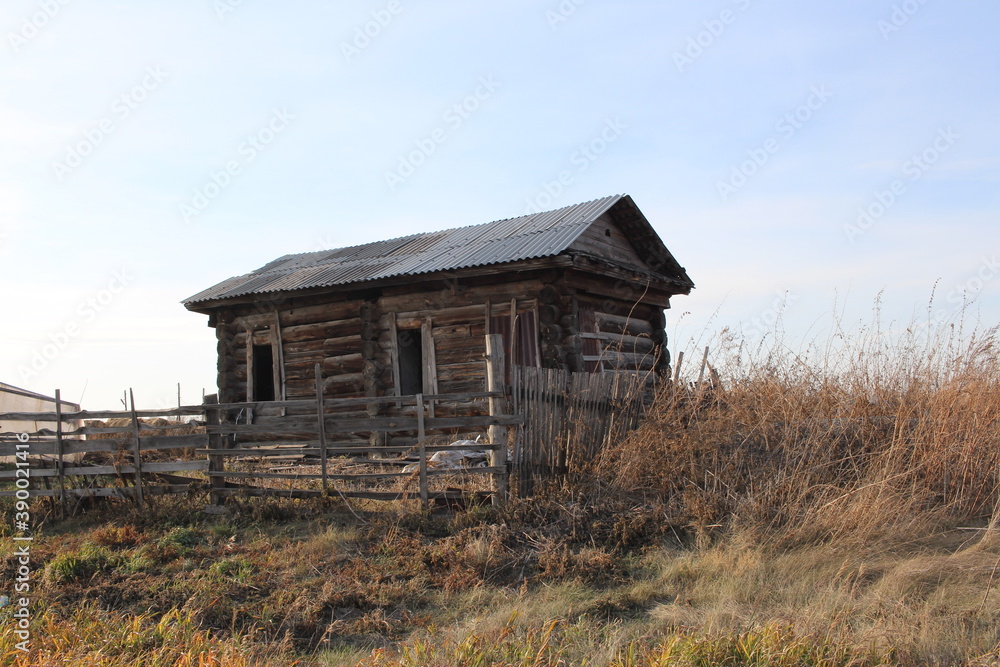 an old ruined wooden house in an abandoned village overgrown with dry grass in autumn an old ruined wooden house in an abandoned village overgrown with dry grass in autumn