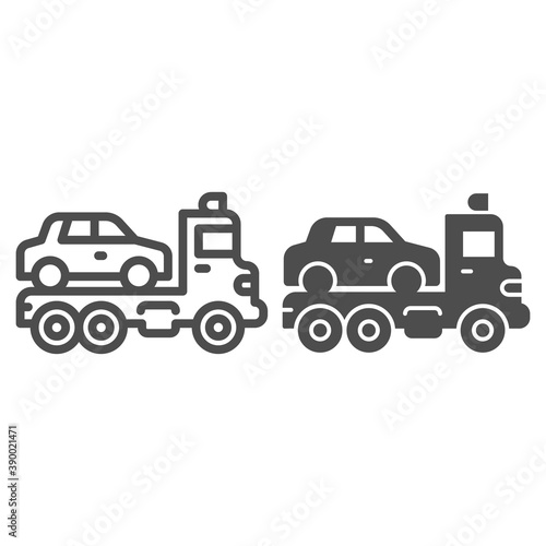 Tow truck with car line and solid icon, heavy equipment concept, evacuator car sign on white background, Car towing truck icon in outline style for mobile concept and web design. Vector graphics.