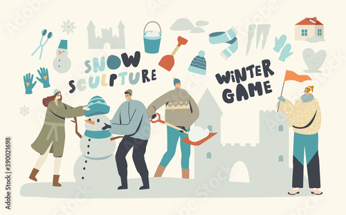 Young Characters Making Sculptures of Snow Castle and Snowman in Ice Town, People Working Building Beautiful Palace