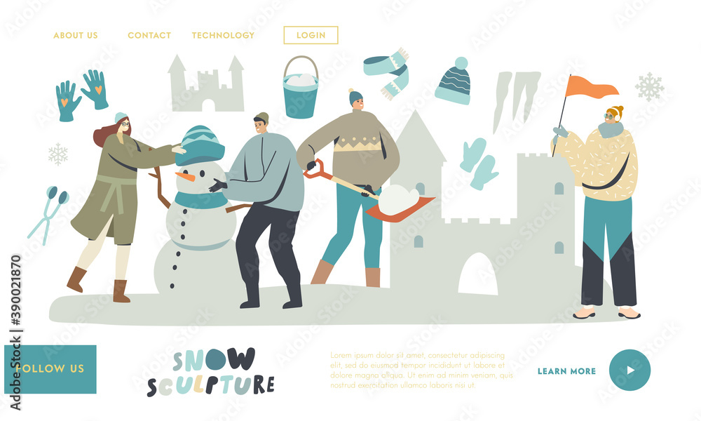 Wintertime Activity Landing Page Template. Young Characters Making Sculptures of Snow Castle and Snowman in Ice Town