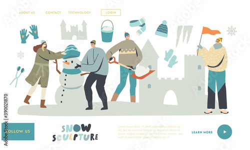 Wintertime Activity Landing Page Template. Young Characters Making Sculptures of Snow Castle and Snowman in Ice Town
