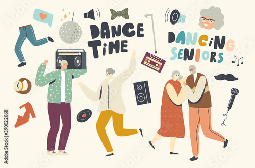Senior Characters Sparetime with Dancing and Fun. Elderly People Having Party at Home. Active Lifestyle, Old Men Women