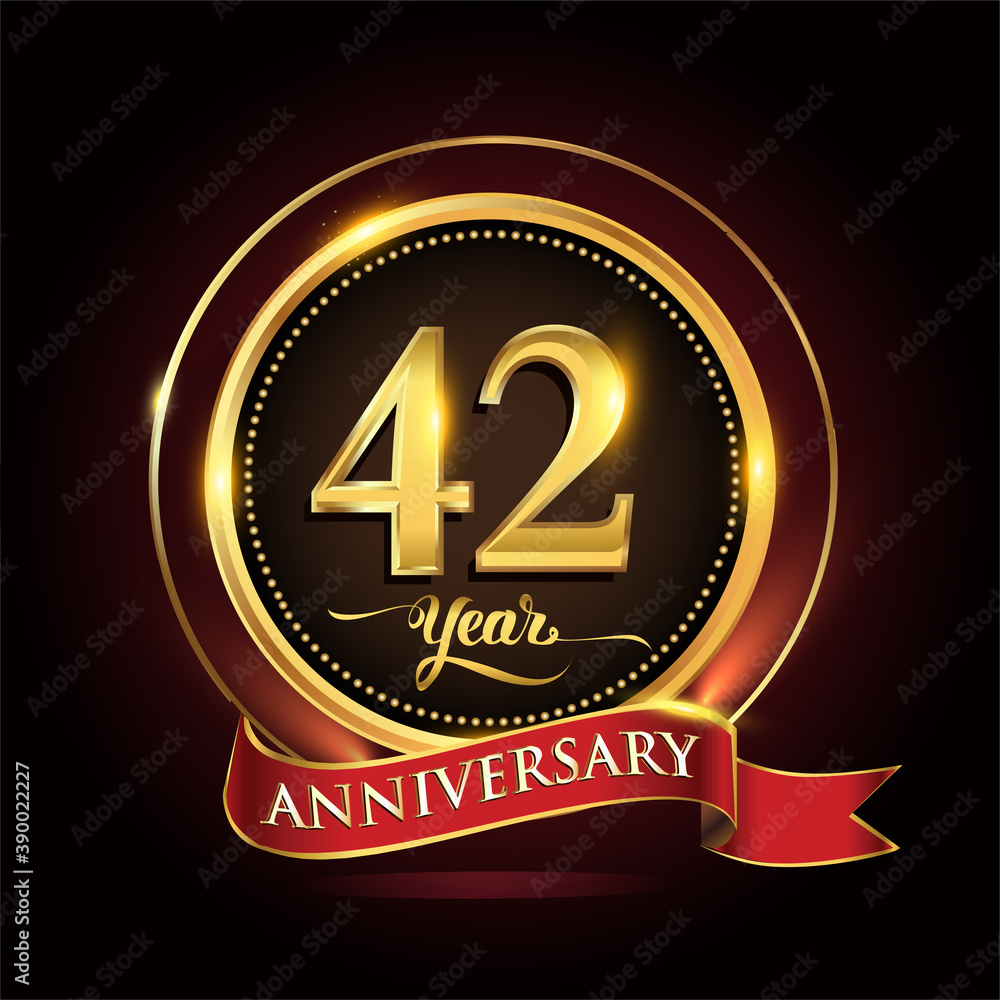 42nd years celebration anniversary logo with golden ring and red ribbon. 42nd years celebration anniversary logo with golden ring and red ribbon.