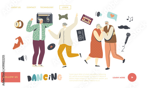 Senior Characters Dancing Landing Page Template. . Elderly People Having Party at Home. Active Lifestyle, Relations