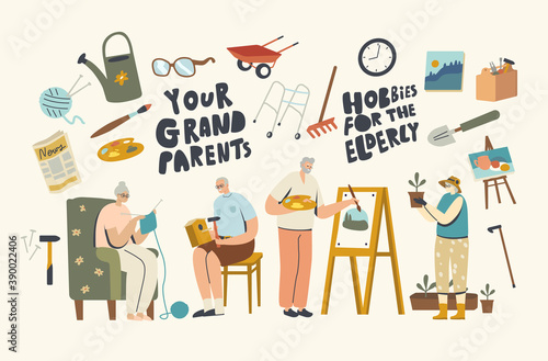 Male and Female Senior Characters Spending Time at Home Engaging Hobby Making Birdhouse, Painting, Knitting or Gardening