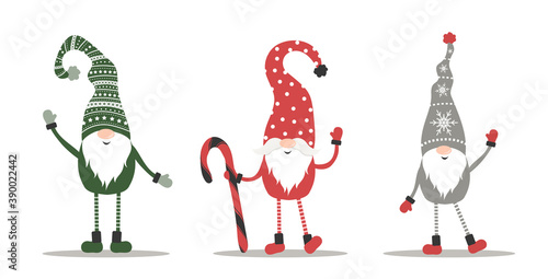 Cute gnomes in red santa hats on white background. Scandinavian christmas elves. Vector illustration in cartoon style. Nordic element design for greeting cards, season greetings, web, wrapper.