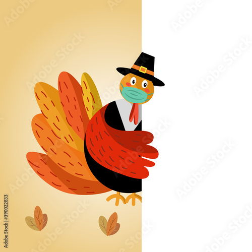 Cute Turkey wearing face mask for greeting card on Thanksgiving 2020. Flat vector illustration.
