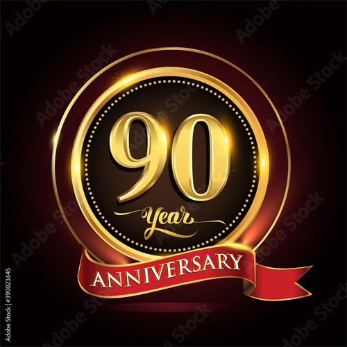 90th years celebration anniversary logo with golden ring and red ribbon.