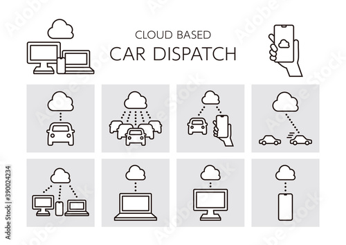 クラウドによる配車アイコンセット／シンプルな白黒の線／目的地に向かって走る車／たくさん並ぶ車をパソコンやノートパソコンやスマートフォンから管理