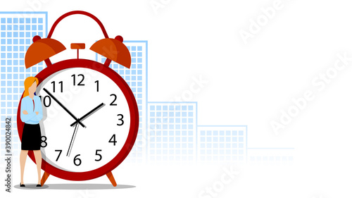 woman office worker stands brooding about with large alarm clock. Concept of change in life. First steps to change your life. Big alarm clock on background of metropolis. Vector
