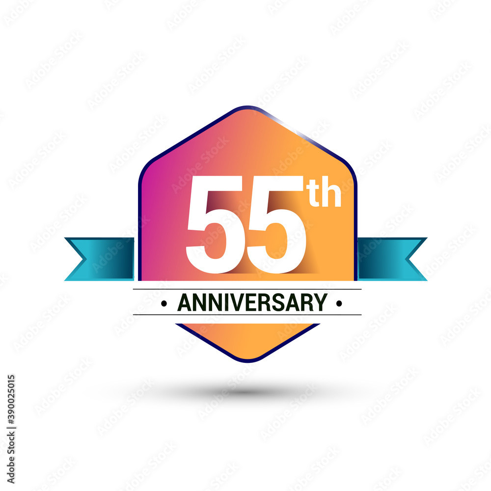 55th anniversary celebration isolated in colorful hexagon shape and blue ribbon colored, vector design.