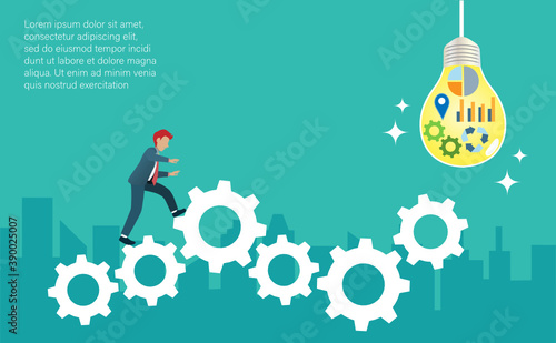 Businessman walking on engine cog and gear wheels leading to creative thinking ideas in lightbulb. Inspiration, innovation and target direction of successful business strategy.