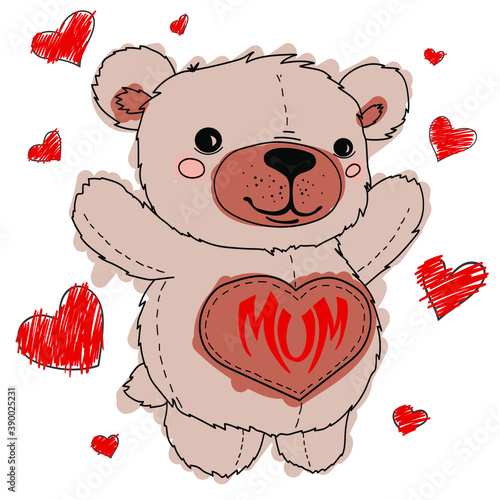 plush bear with smile on face. Fabric animalistic game for children, gift for child. Happy character made of fluffy material, vector 