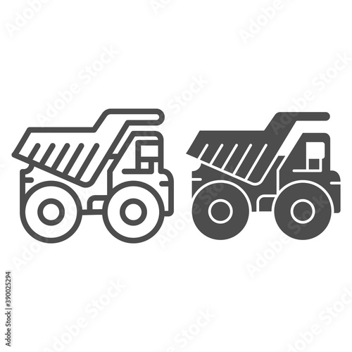 Large mining dump truck line and solid icon, heavy equipment concept, big heavy car sign on white background, Dump truck icon in outline style for mobile concept and web design. Vector graphics.