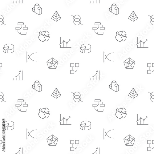 Seamless pattern with graph, chart, diagram, data, business, information, statistic, presentation, growth, stats, financial And Other Elements. simple color icons on white background.