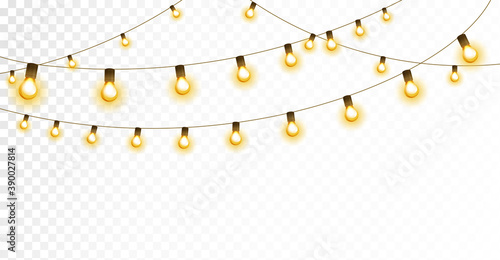 Light bulb garland, isolated vector decoration. String of golden Christmas lights. Illuminated holiday border, glowing lamps frame. For wedding or birthday cards, New Year banners, party posters.